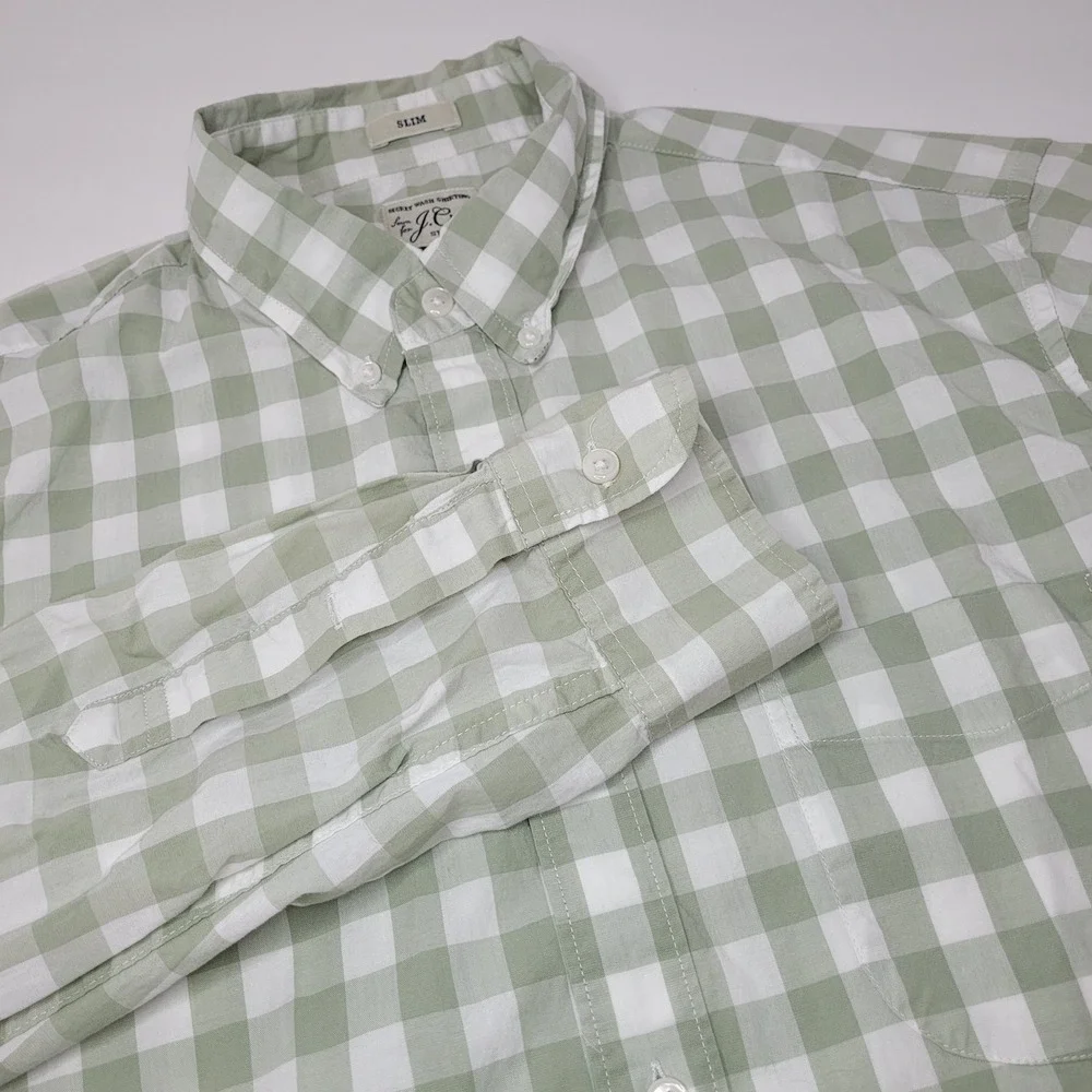 J Crew Slim Fit Stretch Gingham Green Shirt‎ Medium